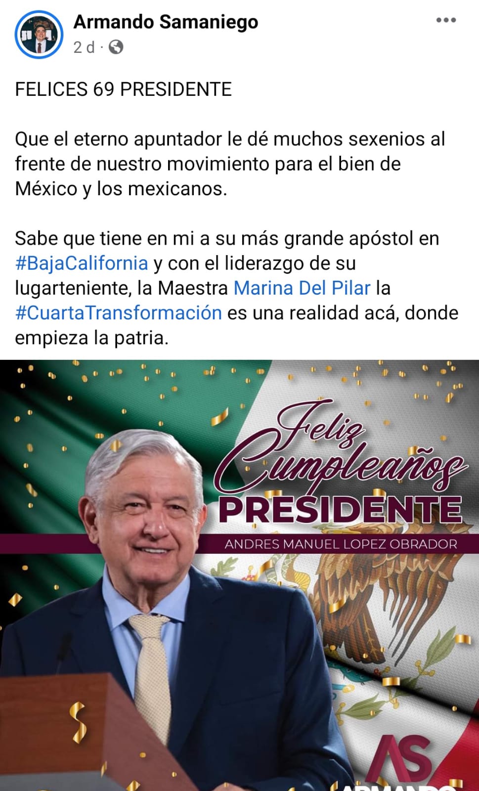 Las felicitaciones del "más grande apóstol de Baja California", Armando Samaniego